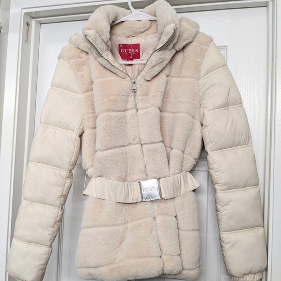 Guess Cream Fur Puffer Jacket - Picture 1 of 4